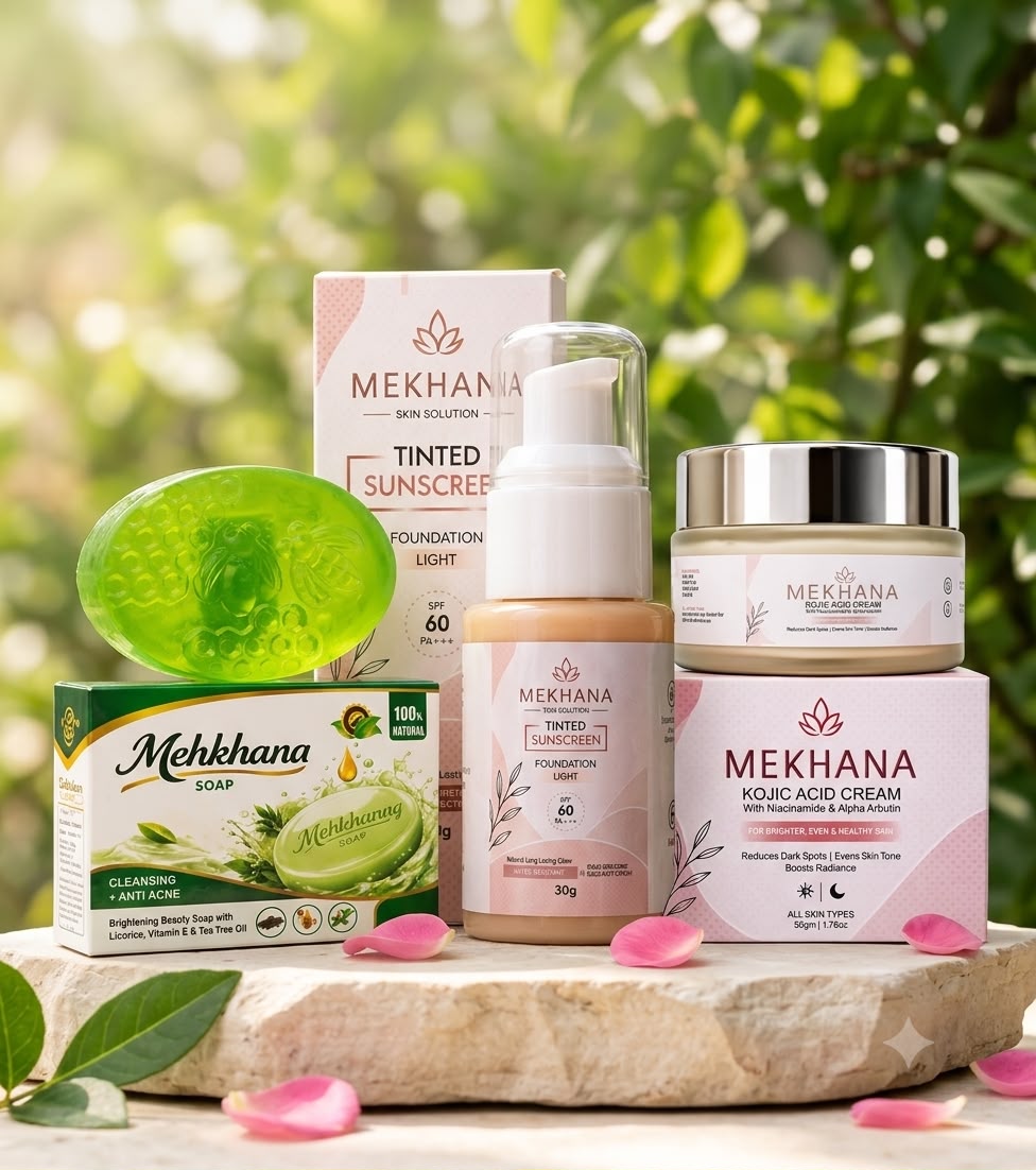 Mekhana Glow-Up Essentials: Soap, Tinted Sunscreen & Kojic Acid Cream